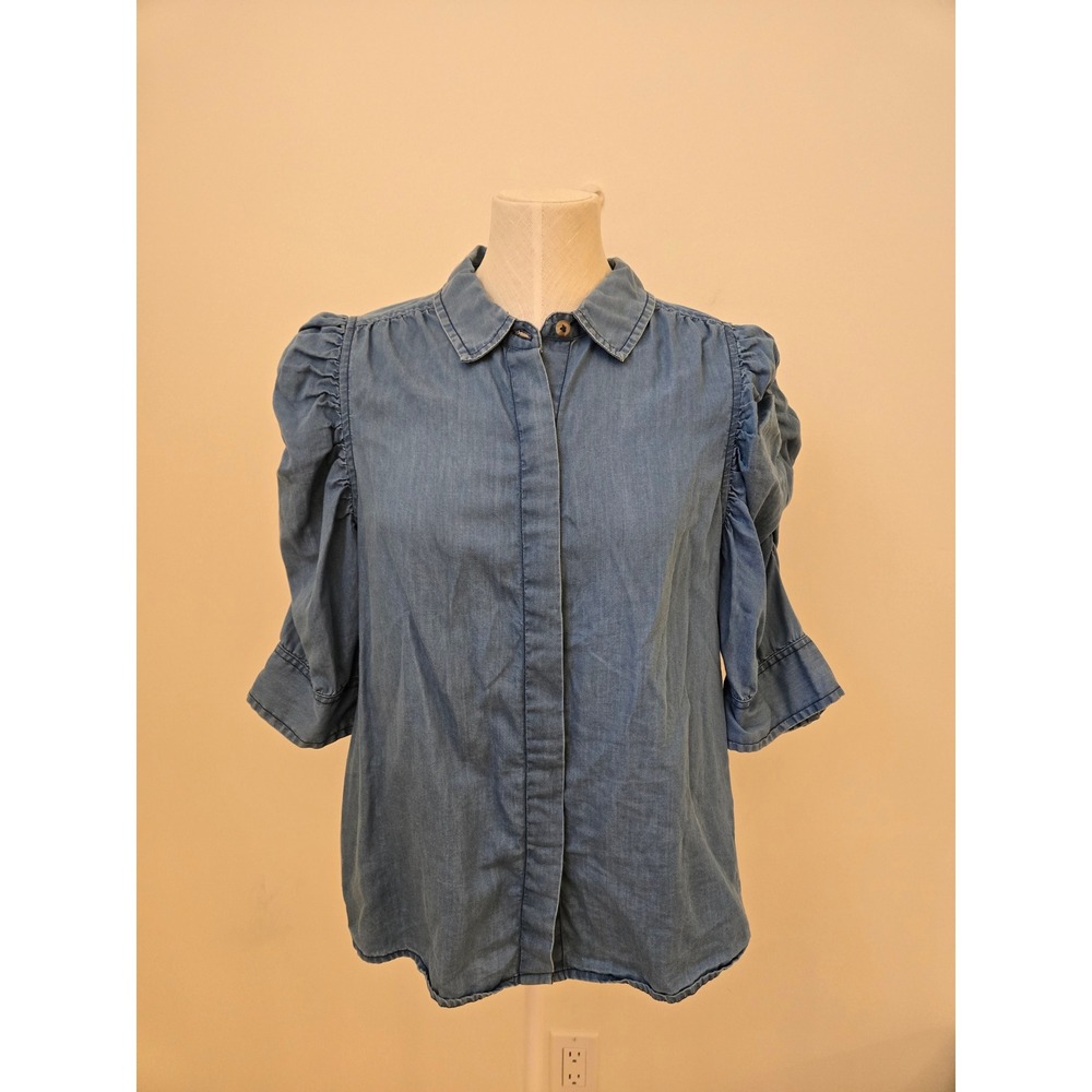 Sam Edelman Chambray Puff Sleeve Button Front Blouse Women's Large Blue Tencel